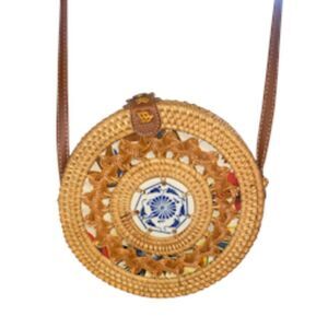 Round Rattan Handwoven Bag with Blue & White Porcelain Disc Shoulder Strap
